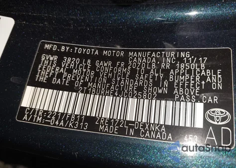 2018 Toyota Corolla Le из США, поврежденный, VIN 2T1BURHE4JC025802